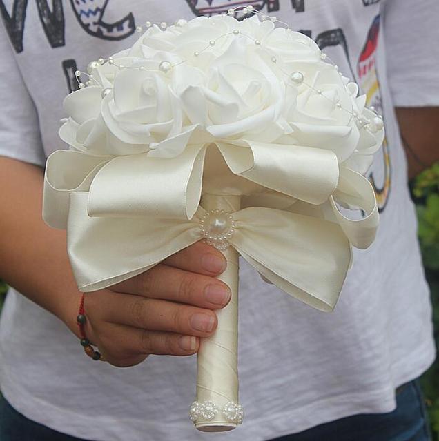 Cheap PE Rose Bridesmaid Wedding Foam flowers Rose Bridal bouquet Ribbon Fake Wedding bouquet de noiva Customized