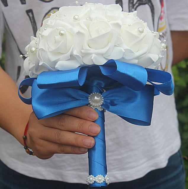 Cheap PE Rose Bridesmaid Wedding Foam flowers Rose Bridal bouquet Ribbon Fake Wedding bouquet de noiva Customized