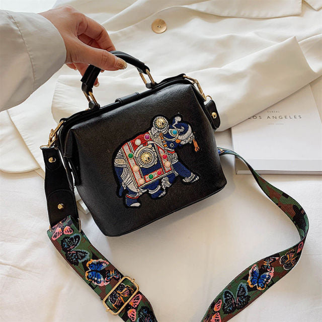 Vintage Embroidery Elephant Bag Bags Wide Butterfly Strap PU Leather Women Shoulder Crossbody Bag Tote Women&#39;s Handbags Purses
