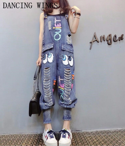 Female Denim Jumpsuits Fashion Sequins Cartoon Letters Hole Bib Pants Casual Loose Harem Pants Women Denim Overalls