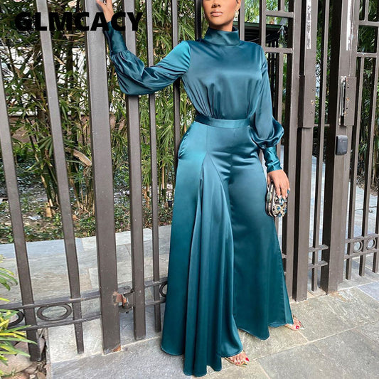 Women Satin Long Sleeve Tunic Jumpsuit Classy Wide Leg Overalls Elegant Evening Party Jumpsuit OL Workwear