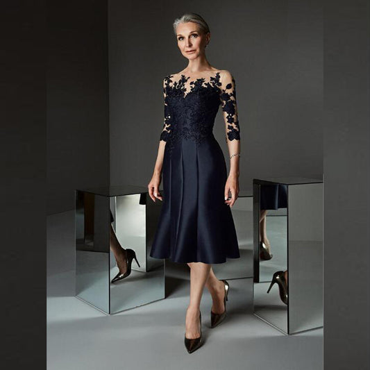 Gorgeous Prussian Blue Knee Length Mother of the Bride Dresses Lace Applique with Three Quarter Sleeves Wedding Guest Gowns 2022