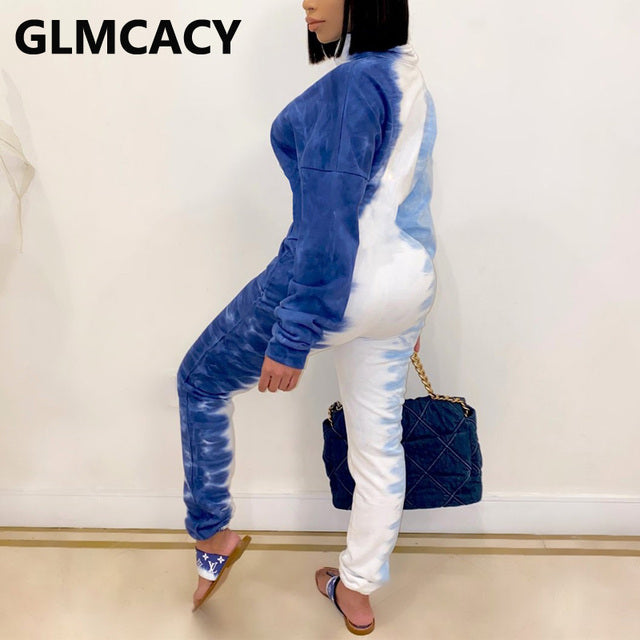 Women Tie Dye Printed Zipper Front Jumpsuit Slim Chic Ovveralls Jumpsuits