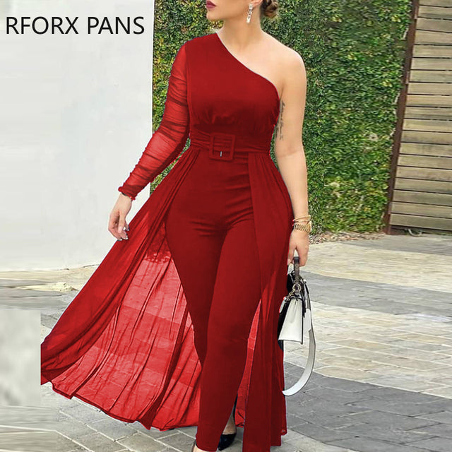 Women One Shoulder Plain Sheer Mesh Jumpsuit  Skinny Jumpsuit Casual Look for Women 2020