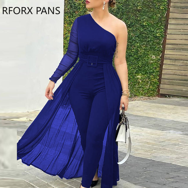 Women One Shoulder Plain Sheer Mesh Jumpsuit  Skinny Jumpsuit Casual Look for Women 2020