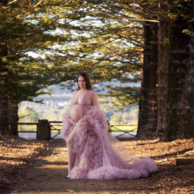 Unique Prom Dresses Custom Made Tulle Maternity Robes Women Photoshoot Evening Gowns Fluffy Tiered Tulle Robe Formal Party Dress