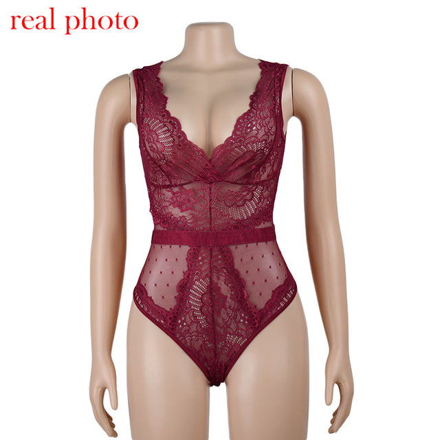 Cryptographic Sexy V-Neck Backless Lace Mesh Bodysuit Women Sleeveless Hollow Out Sheer Teddy Female Jumpsuits Fashion Body 2021