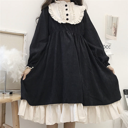 Japanese Style 2020 Autumn Women&#39;S Dresses O-Neck High Waist Slimming Contrast-Color Ruffled Sweet Lolita Dress Kawaii Clothing