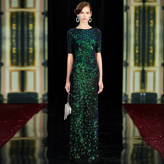 Sparkle Sexy Mermaid Evening Dresses Long Sequined O-Neck Green Evening Gown