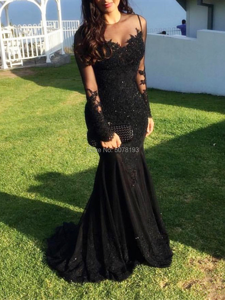E2 Black Fashion O-Neck Natural Long Sleeves Mermaid/Trumpet Floor-Length Evening Dresses/Women Gowns Appliques Free Shipping