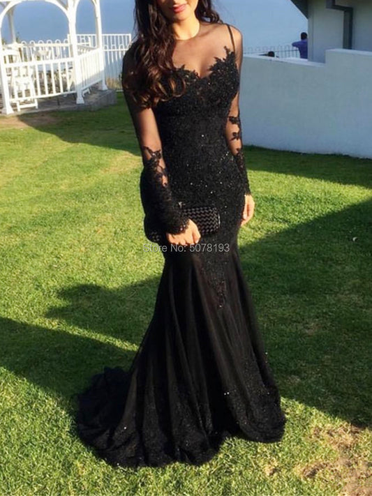 E2 Black Fashion O-Neck Natural Long Sleeves Mermaid/Trumpet Floor-Length Evening Dresses/Women Gowns Appliques Free Shipping