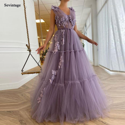 Sevintage Elegant Lavender Tiered Tulle Long Prom Dresses 2021 A Line Fitted Boning 3D Flowers Floor Length Evening Gowns