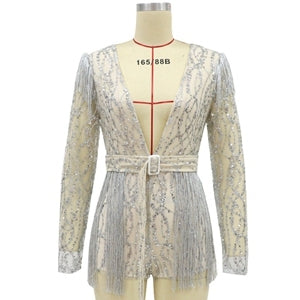 STYLISH LADY Glitter Sequin Rompers and Jumpsuits 2021 Spring Women Long Sleeve V Neck Bodycon Tassel Sexy Club Party Playsuits