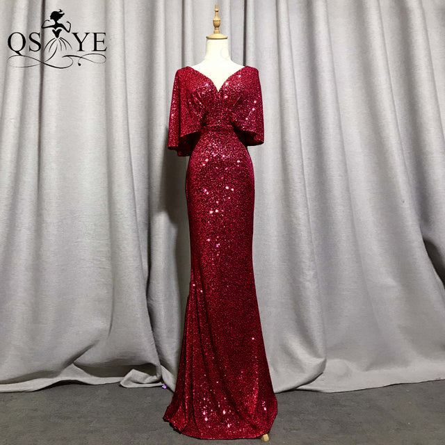 QSYYE Golden Evening Dresses Mermaid Short Sleeves Sexy V Neck Evening Gown Elegant Glitter Bat Sleeves Formal Party Dress