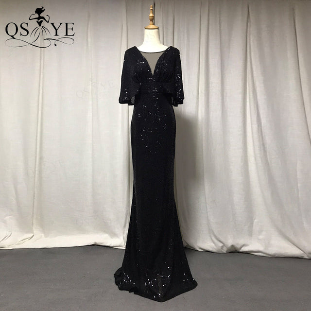 QSYYE Golden Evening Dresses Mermaid Short Sleeves Sexy V Neck Evening Gown Elegant Glitter Bat Sleeves Formal Party Dress