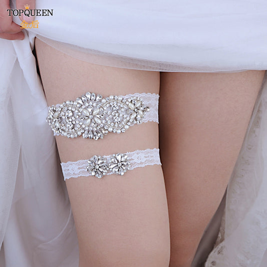 TOPQUEEN  Sexy Girls Garter Lace Garters Bridal Garters for Women Rhinestone Garters Belt Wedding Garters for Bride Dress S76