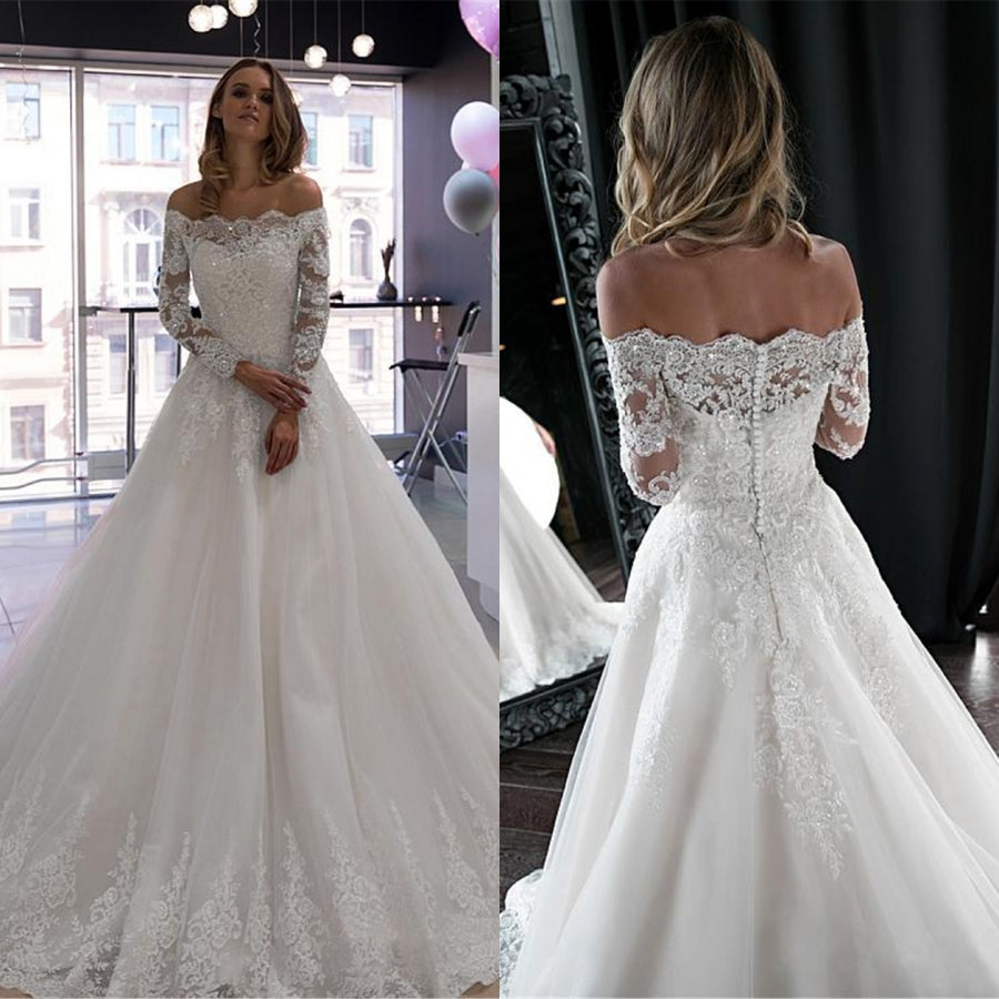 White Off-the-shoulder Sparkly Beading Applique Lace Wedding Dress Long Sleeve Wedding Gowns  vestido de noiva