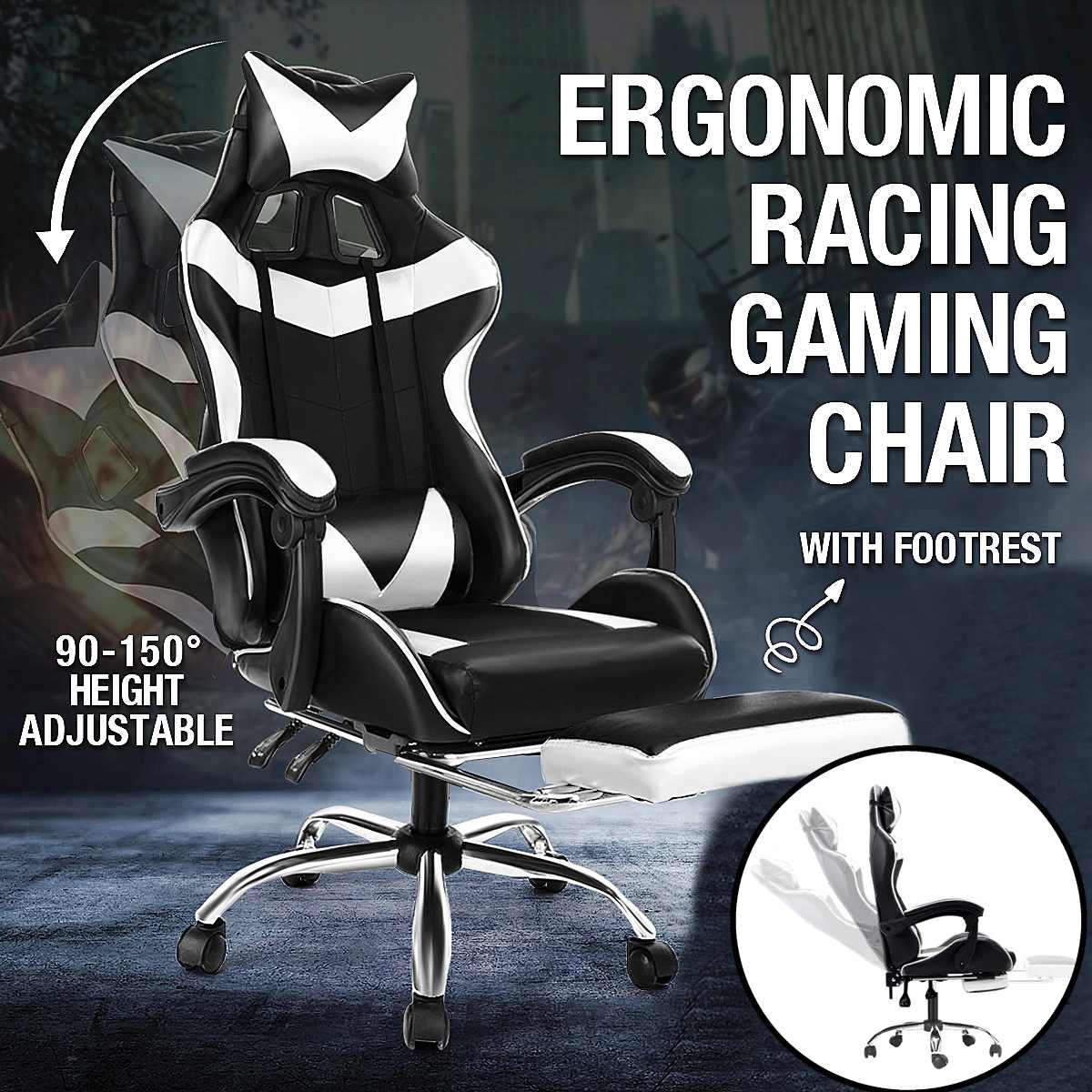 Office WCG Gaming Chair Ergonomic Computer Armchair with Footrest Swivel Lifting Lying Seating Internet Racing Chair PU Leather