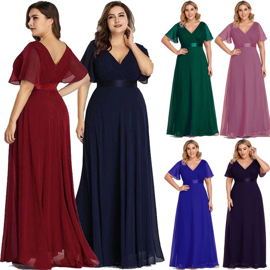 Plus Size Evening Dresses Elegant A Line V Neck Ruffles Chiffon Formal Wedding Party Dress