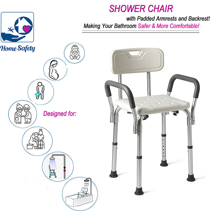 Adjustable Bathroom Chair with Backrest Arm  for Elderly Non Slip Bench Stool Bath Chair Tub Furniture Shower Seat Stool