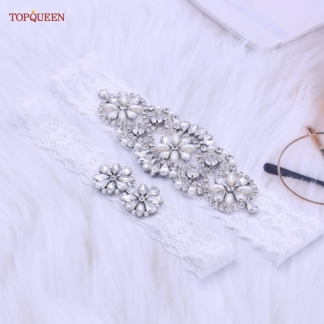 TOPQUEEN  Sexy Girls Garter Lace Garters Bridal Garters for Women Rhinestone Garters Belt Wedding Garters for Bride Dress S76