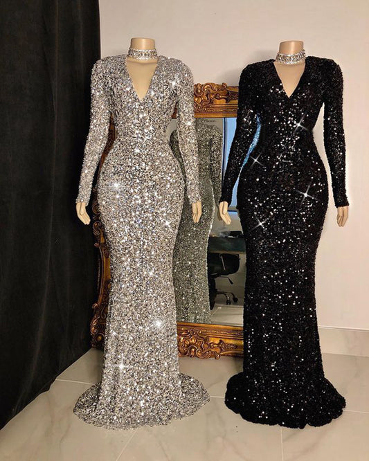 Vinca Sunny Sexy Long Mermaid  Prom Dresses 2022 V-neck Long Sleeve
