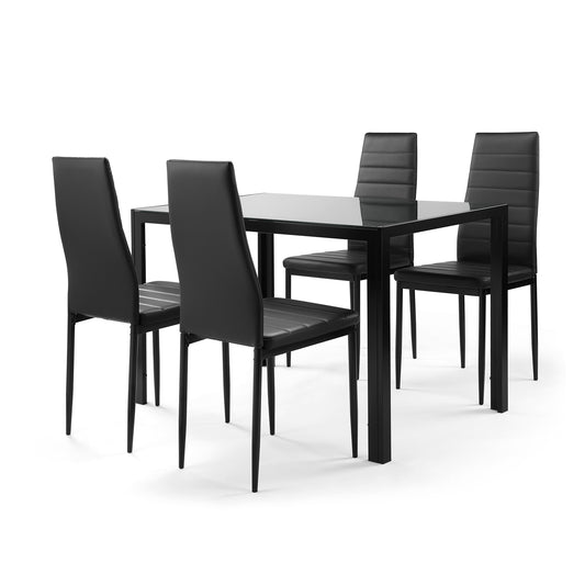 5 Pieces Dining Table Chair Set for 4 Include 1 Tempered Glass Desktop Dining Table + 4 High Backrest Faux Leather Chairs Black