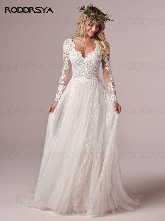 RODDRSYA A Line Long Sleeves Wedding Dresses  Lace Bridal Gowns Tulle Ivory Vestido De Novia Open Back свадебное платье