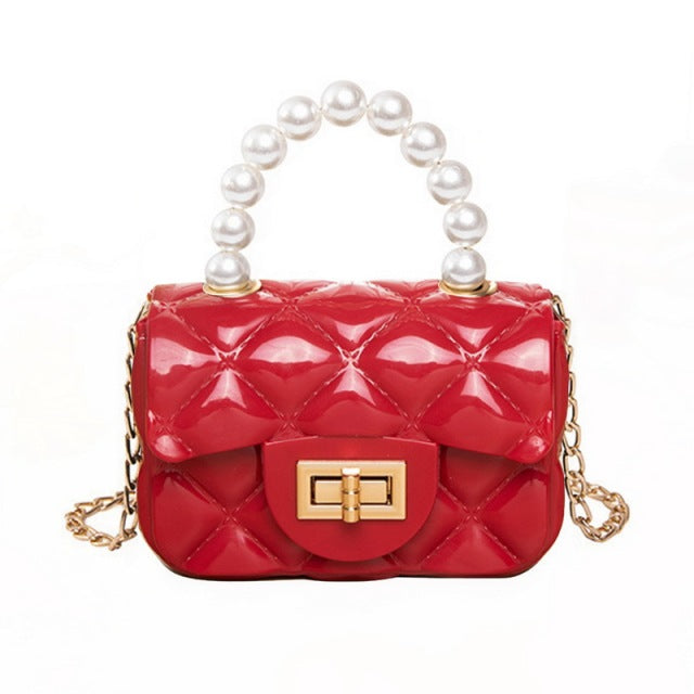 Women Mini Handbag New Elegant Shoulder Messenger Portable Chain Bag Girl PVC Jelly Bag Pearl Crossbody Rhombus Small Square Bag