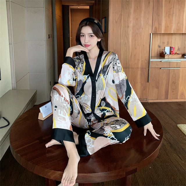 QSROCIO Women&#39;s Pajamas Set V Neck Design Luxury Cross Letter Print Sleepwear Silk Like Home Clothes XXL Large Size Nightwear