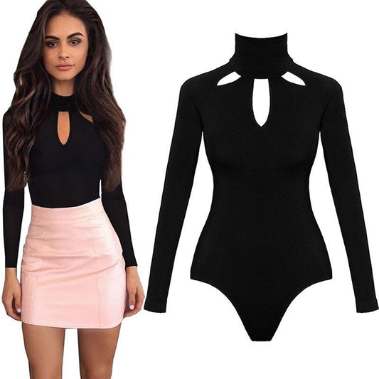 Fashion Bodysuit Women Body Suits for Women Sexy Romper Black Mock Neck Long Sleeve Hollow Out Back Bodysuit 2020 Spring Onesies