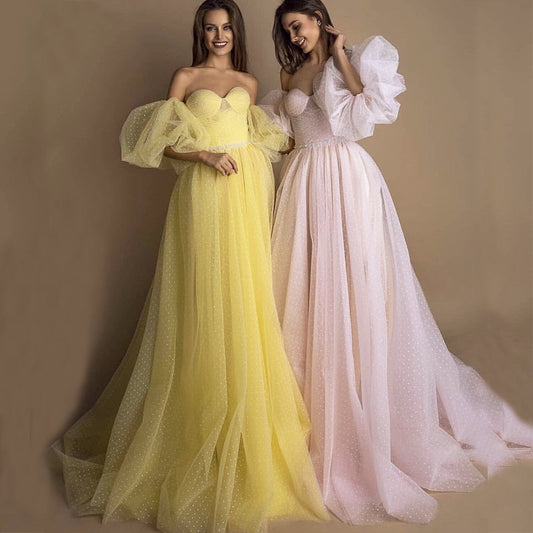 BEPEITHY Sweetheart Pink Long Evening Dress Party Elegant 2021 Robe De Soiree Detachable Sleeves Yellow Prom Dresses With Belt