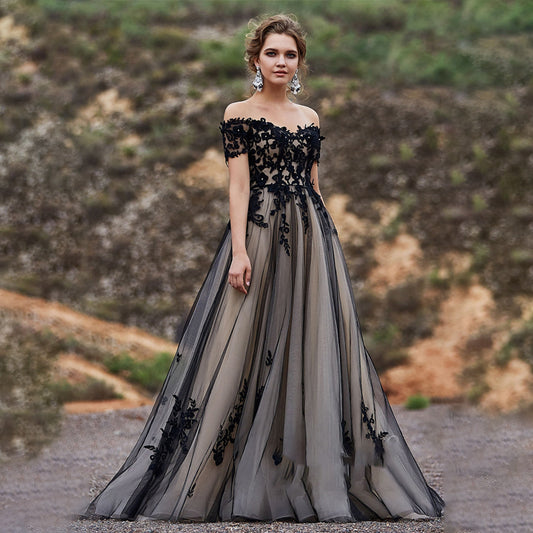 Off the Shoulder Short Sleeves with Lace Applique Crystals A-line Black Wedding Dress Sweep Train Sexy Bridal Dress