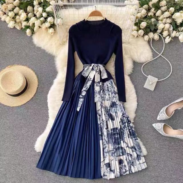 Autumn Winter Elegant Knitted Patchwork Gradient Print Pleated Dress Women Long Sleeve Office One-Piece Sweater Dress With Belt