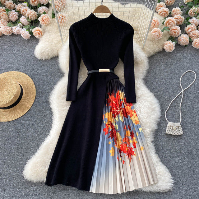 Autumn Winter Elegant Knitted Patchwork Gradient Print Pleated Dress Women Long Sleeve Office One-Piece Sweater Dress With Belt
