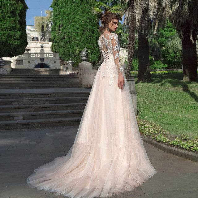 Long Sleeves Tulle Wedding Dress A Line Lace Appliques Bridal Wedding Gowns Lace Up Vestido De Noiva Back Button Floor Length