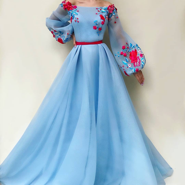 New Boat Neck Puff Long Sleeves Prom Dresses Elegant A Line Light Blue Embroidery Applique Formal Evening Gowns with Sash