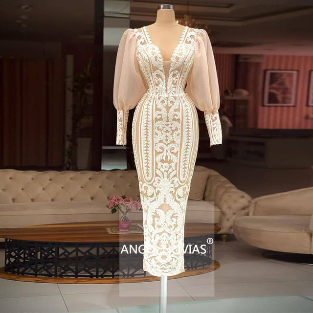 ANGEL NOVIAS Long Sleeves Champagne Lace Arabic Evening Dress 2022 V Neck Robes De Soiree Longue