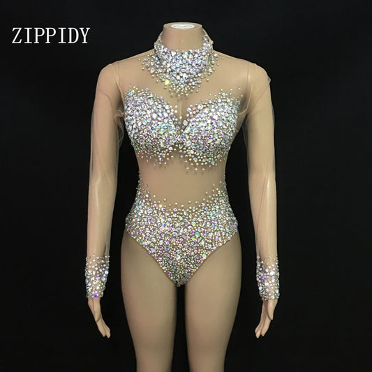 Sexy AB Rhinestones Mesh Bodysuit Birthday Celebrate Wear Female Singer Show Bodysuit Evening Prom Party Stage Wear
