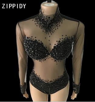 Sexy AB Rhinestones Mesh Bodysuit Birthday Celebrate Wear Female Singer Show Bodysuit Evening Prom Party Stage Wear