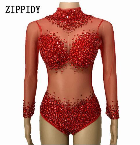 Sexy AB Rhinestones Mesh Bodysuit Birthday Celebrate Wear Female Singer Show Bodysuit Evening Prom Party Stage Wear
