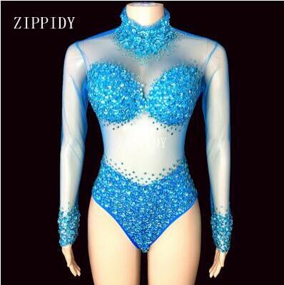 Sexy AB Rhinestones Mesh Bodysuit Birthday Celebrate Wear Female Singer Show Bodysuit Evening Prom Party Stage Wear