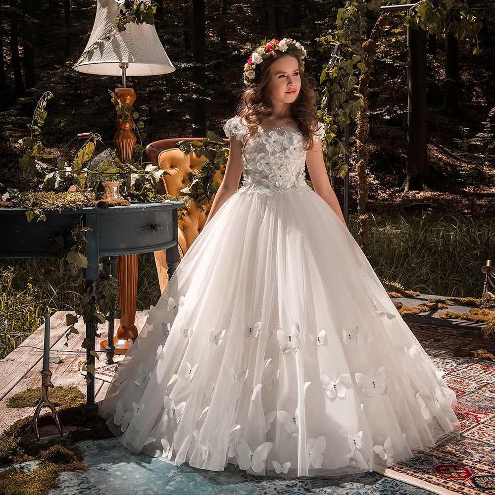 New Kids Pageant Evening Gowns 2022 Lace Ball Gown Flower Girl Dresses For Weddings First Communion Dresses For Girls
