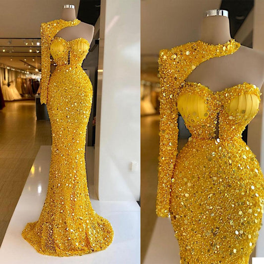Luxury Evening Dresses Gold Sequins Beads Pearls Halter Mermaid Prom Dress Long Sleeves Party Gowns Customize Robes De Mariée