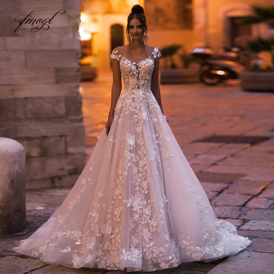 Fmogl Sexy Backless Cap Sleeve Lace Princess Wedding Dress 2022 Appliques Beaded Flowers Court Train Vintage A Line Bridal Gowns