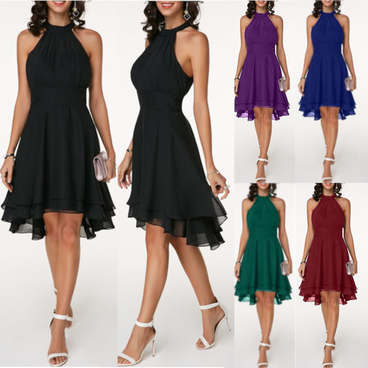 Women&#39;s Dress Elegant Halter Sleeveless Cropped Layered Midi Dress Summer Chiffon Solid Color High Waist Slim-Fit Party Dresses