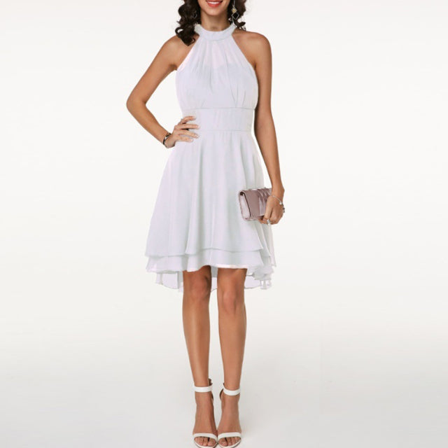 Women&#39;s Dress Elegant Halter Sleeveless Cropped Layered Midi Dress Summer Chiffon Solid Color High Waist Slim-Fit Party Dresses
