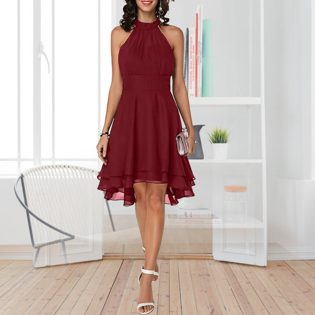Women&#39;s Dress Elegant Halter Sleeveless Cropped Layered Midi Dress Summer Chiffon Solid Color High Waist Slim-Fit Party Dresses