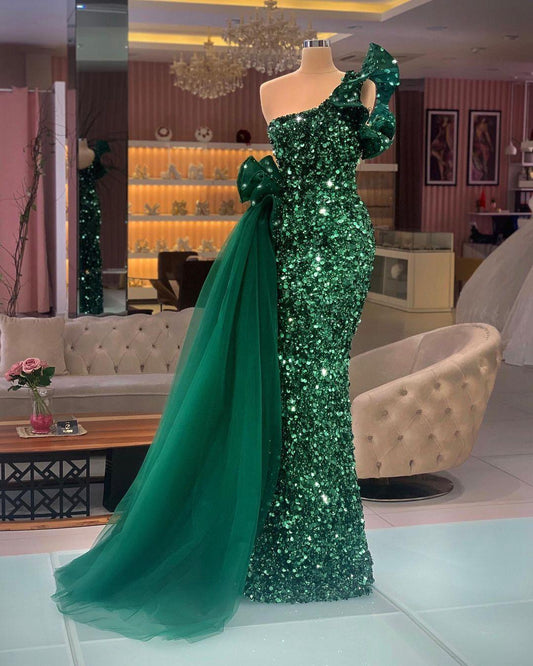Dark Green Mermaid Evening Dresses One Shoulder Luxury Sequins Velvet Floor Length Prom Dress Pageant Gown Custom Made