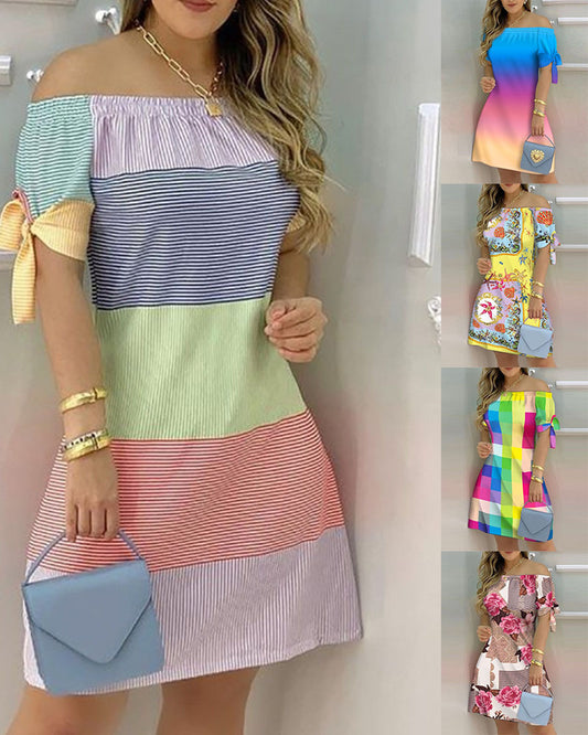 Women Off Shoulder Mini Dress Summer Sexy Short Sleeve Bow Tie Striped Floral Print Dresses Fashion Casual Loose Dress Vestidos